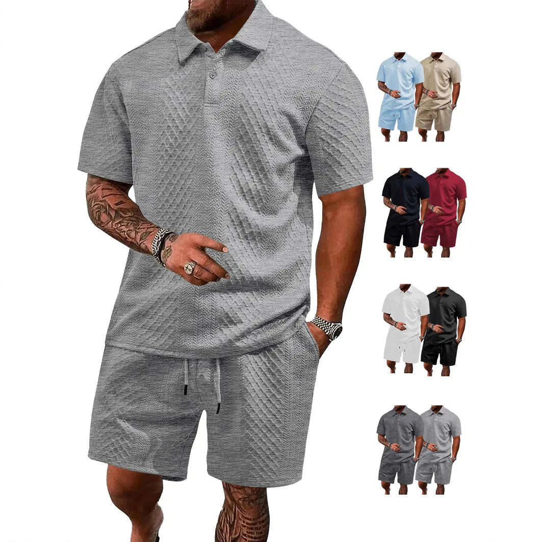 Summer-ready men's waffle polo shirt and shorts set. Breathable & casual for men's fashion.