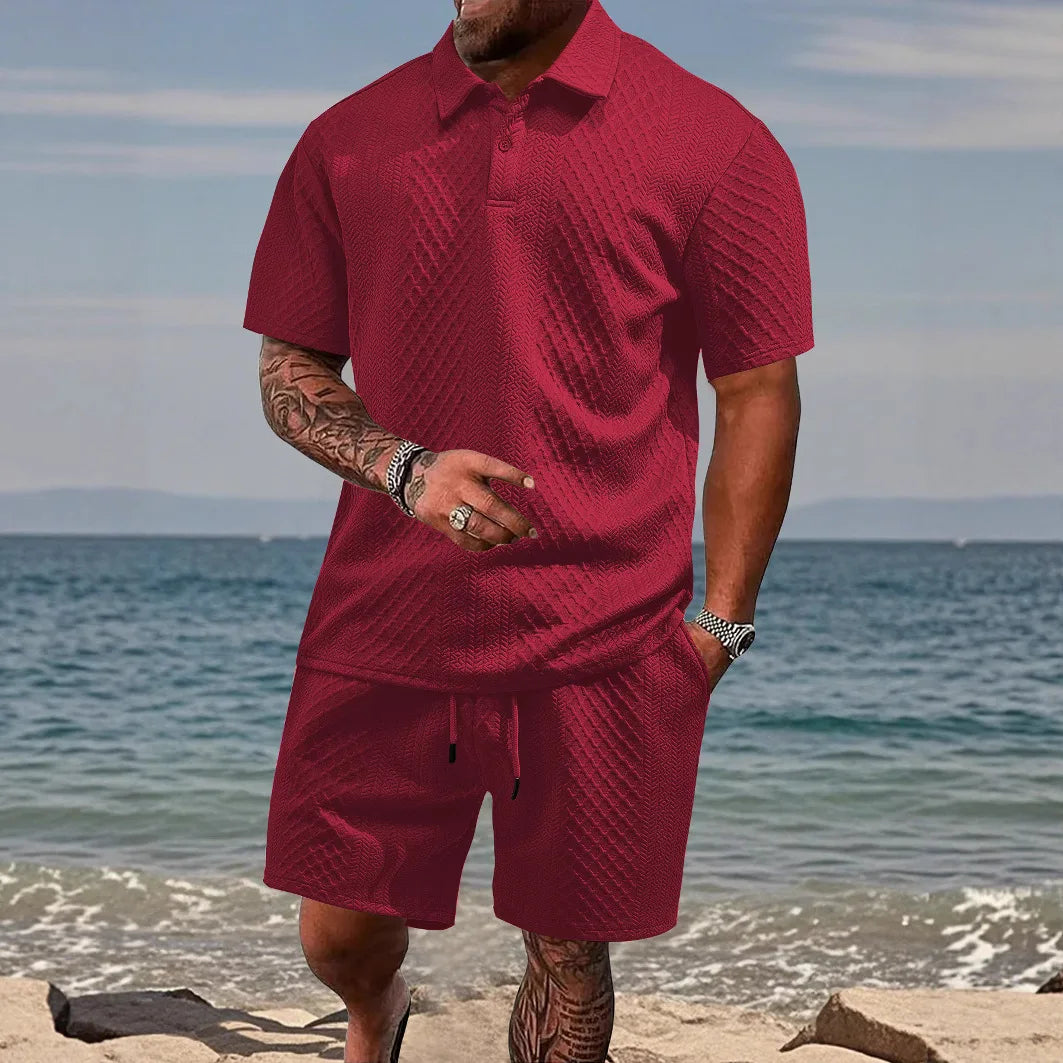 Men's textured waffle knit polo and shorts set. Comfortable casual wear, perfect for summer.