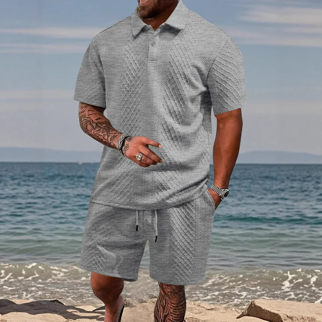 Relaxed fit men's waffle polo and shorts set, perfect for casual summer days & comfort.