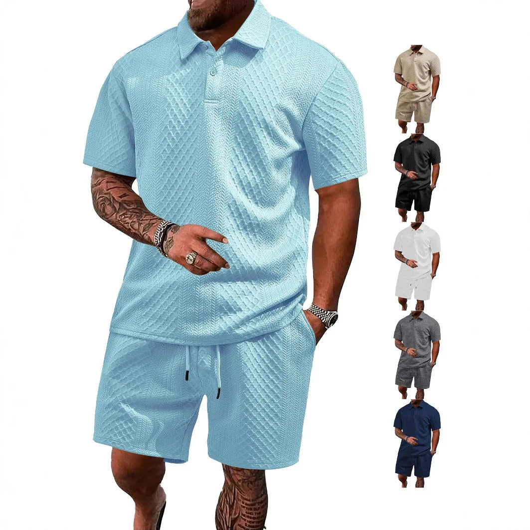 Men's comfortable waffle polo shirt & shorts set; a versatile two-piece summer casual outfit.