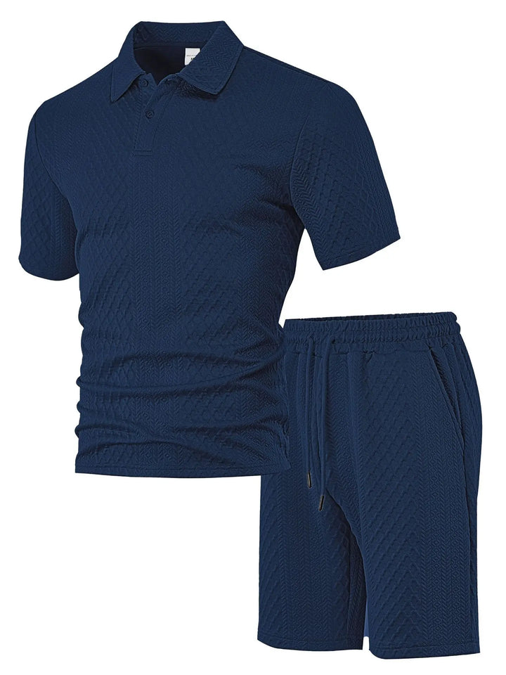 Breathable men's waffle polo and shorts set. Perfect summer activewear for ultimate comfort.