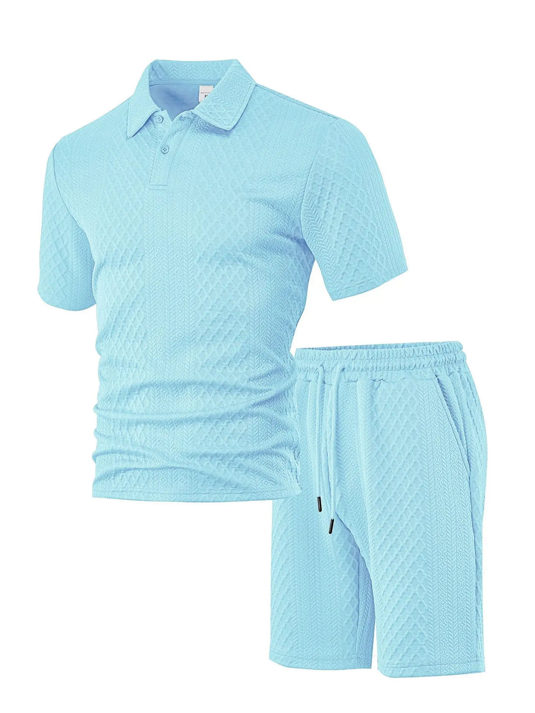 Comfortable men's waffle polo shirt & shorts set. Essential summer casual wear for men.