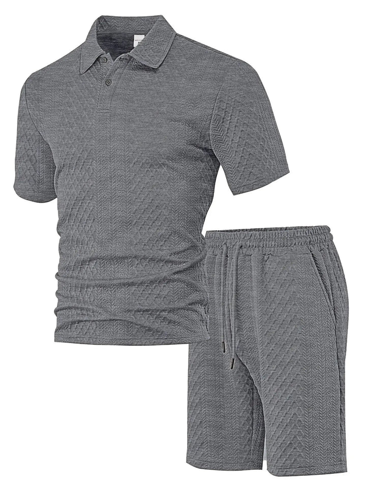 Stylish men's waffle polo shirt, part of a breathable two-piece set. Perfect for summer fashion.