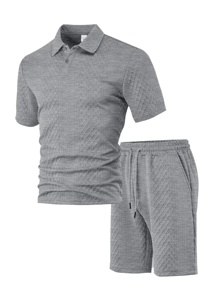 Trendy men's fashion waffle polo and shorts set for ultimate summer style and comfort.