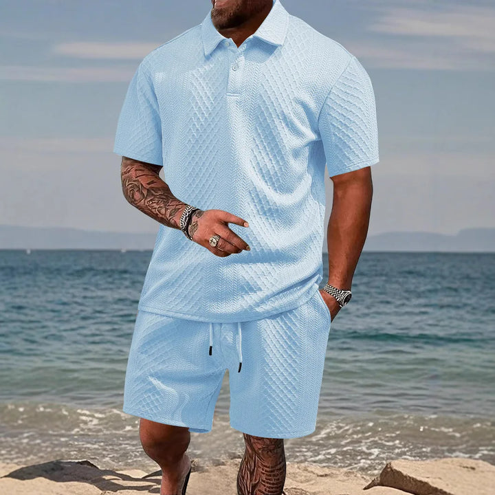 Versatile men's two-piece waffle set: comfortable polo shirt & matching shorts. Casual wear.