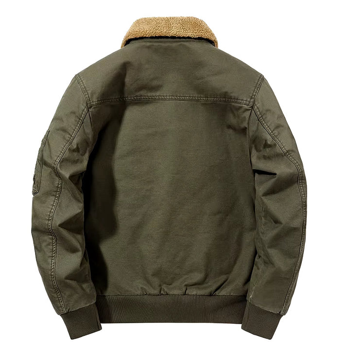 Stylish men's rugged aviator bomber jacket. Durable winter outerwear for casual and utility fashion.