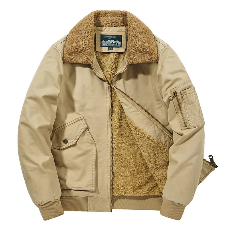 Full shot of a man wearing a stylish, warm aviator bomber jacket, ideal for ultimate winter fashion.