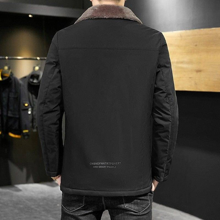Fashionable men's padded winter jacket, a durable windbreaker parka with a cozy fur collar.