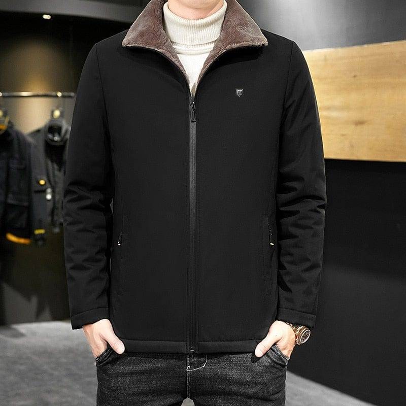 Close-up of a men's parka jacket showing the soft faux fur collar and sturdy fabric for warmth.