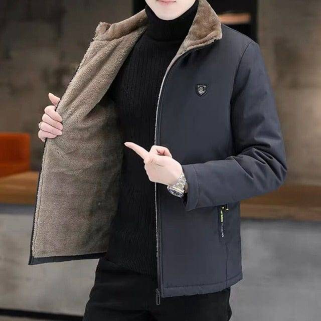 Stylish men's cold weather parka, a comfortable and warm coat with a prominent faux fur collar.