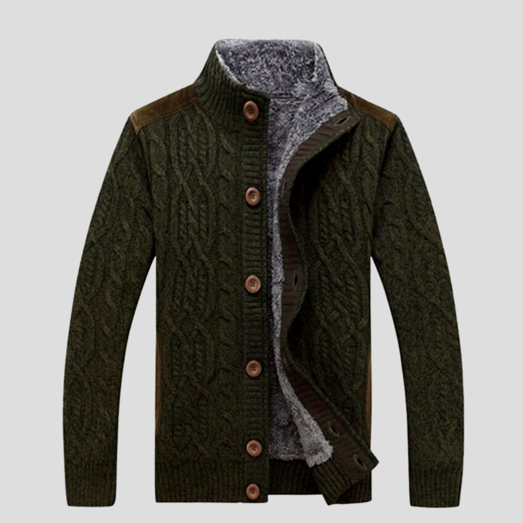 Cozy men's cable knit cardigan in a versatile color, featuring a practical button-front for winter comfort.