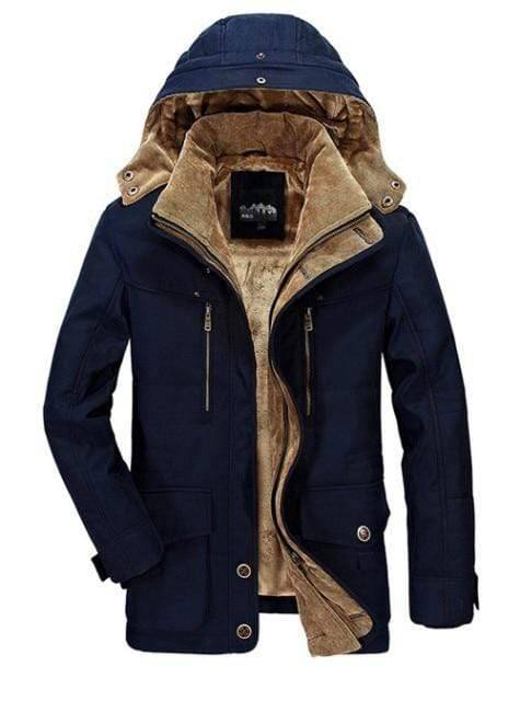 Men's warm cotton fleece parka jacket, dark gray, with detachable hood, front view, perfect for winter outdoor wear.