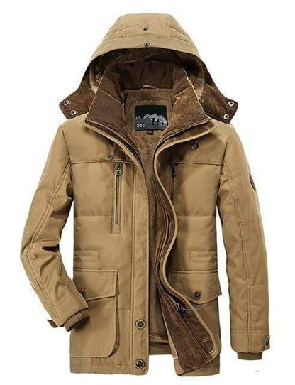 Close-up of the fleece lining inside a men's insulated winter parka, highlighting the warmth and comfort.
