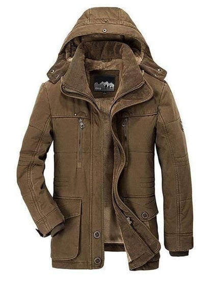 Heavyweight men's cotton blend parka, black, with zipped pockets, suitable for extreme winter conditions.