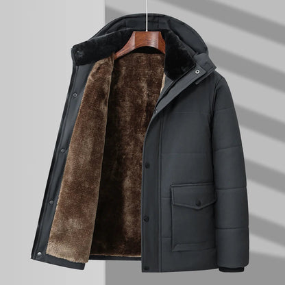 Men's warm faux fur lined puffer jacket, insulated for winter cold weather outerwear.