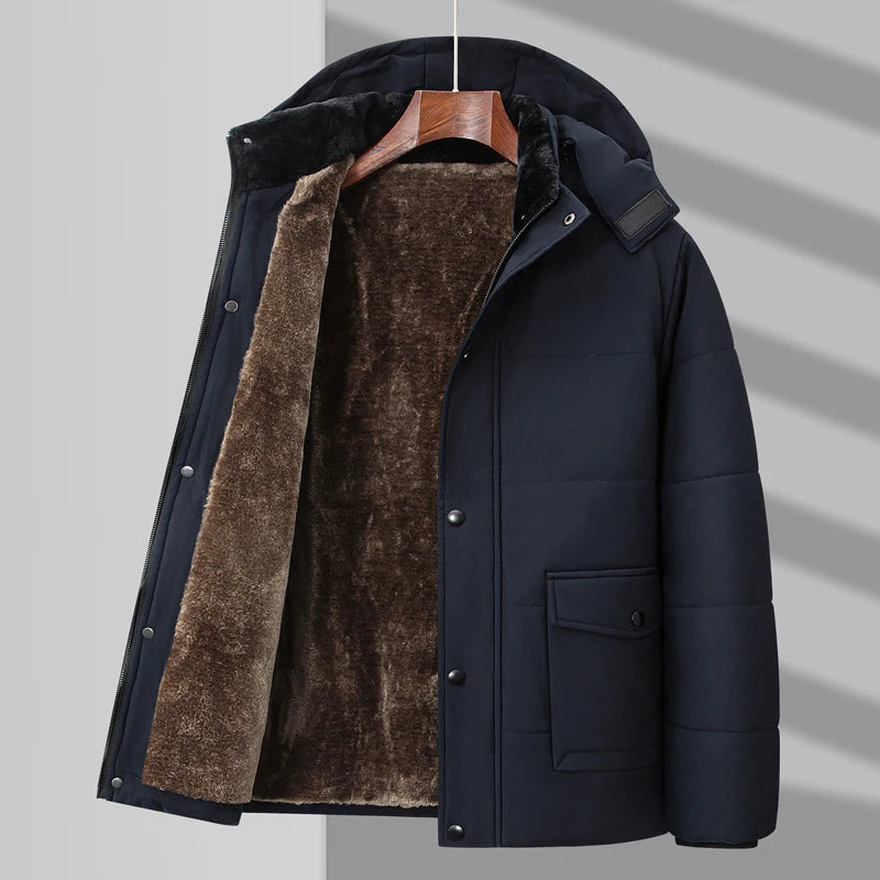 Dark gray men's puffer jacket with warm faux fur lining, essential winter outerwear.