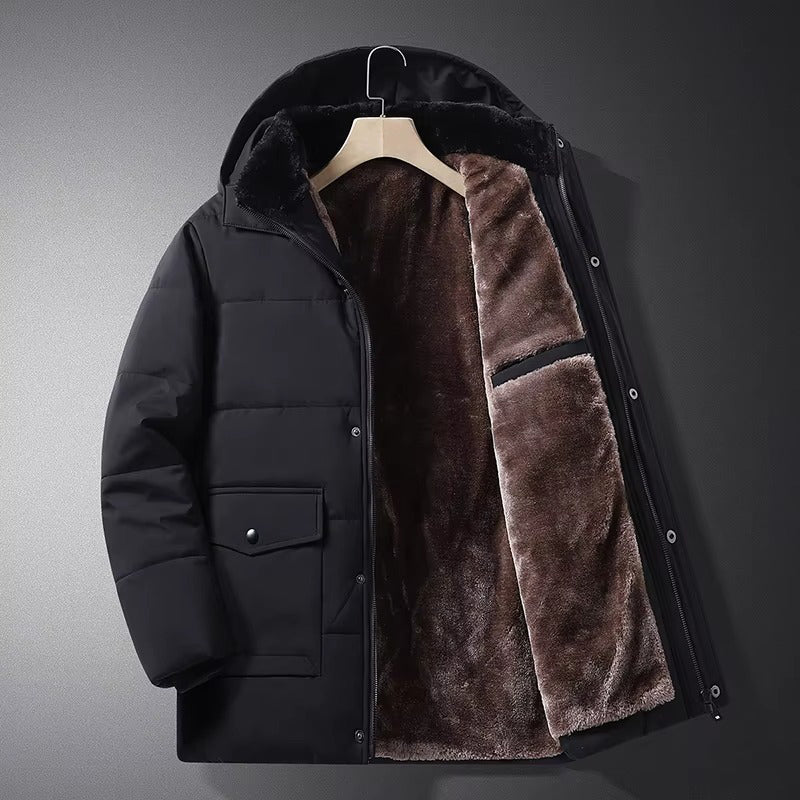 Navy blue men's insulated puffer jacket, warm with soft faux fur lining for cold winter.
