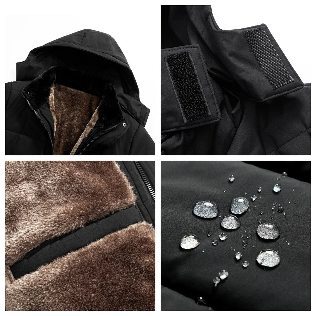 Black men's warm winter puffer jacket, faux fur-lined for extreme cold weather protection.