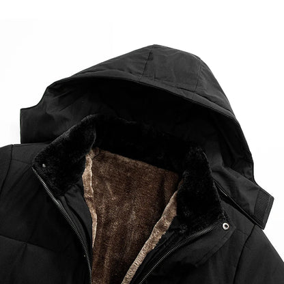Stylish men's dark gray puffer jacket, faux fur lined for superior warmth and winter protection.