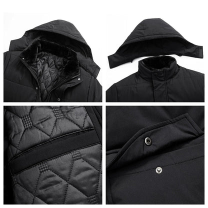 Men's black insulated puffer jacket, warm faux fur lined for ultimate cold weather protection.