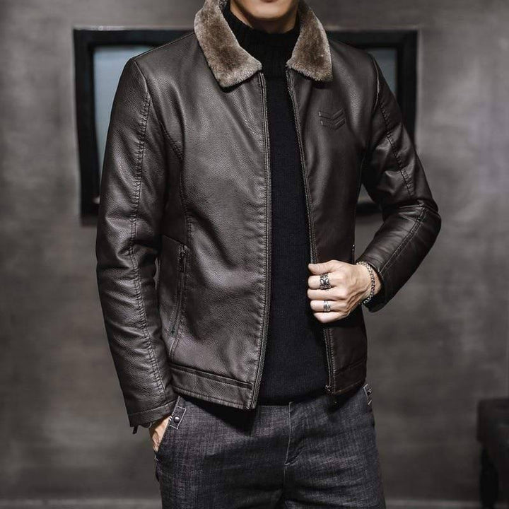 Men's warm faux leather winter jacket with thick fur lining and sturdy front zipper closure