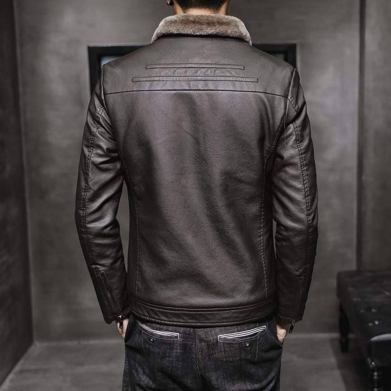 Stylish men's faux leather motorcycle jacket, brown, with cozy fur lining and collar
