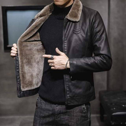 Casual mens outerwear: black faux leather winter coat with warm fur interior for cold weather
