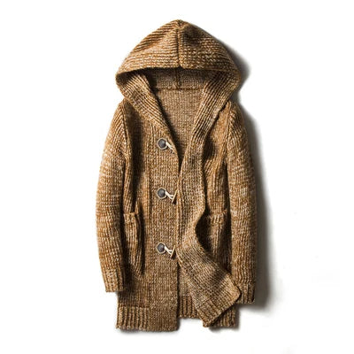 Men's warm hooded cardigan with toggle buttons, perfect for winter layering & casual style.