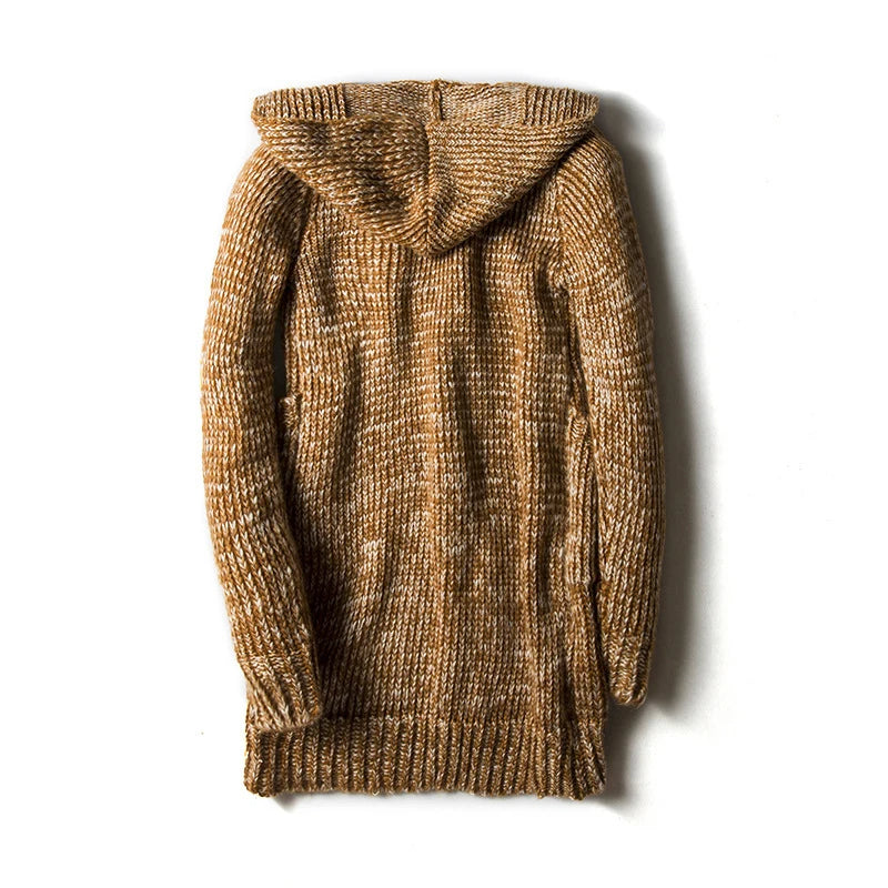 Cozy men's hooded cardigan sweater for cold winter & autumn wear. Features an oversized hood.