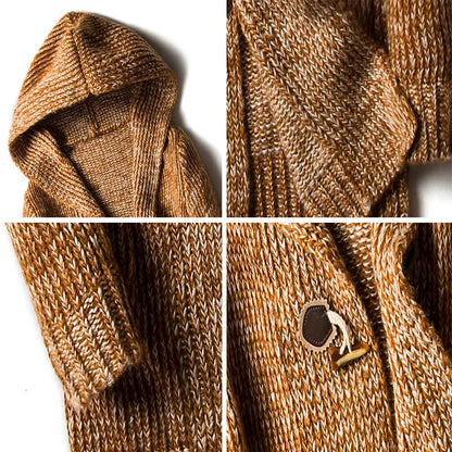 Stylish men's hooded cardigan, ideal for winter fashion & layering. Warm knit with toggle buttons.