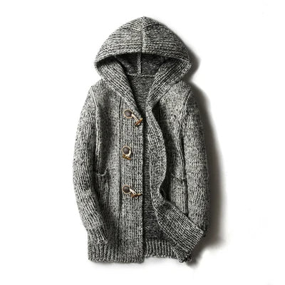 Casual men's hooded cardigan, excellent for layering in cold weather. Features a warm knit & toggle closure.