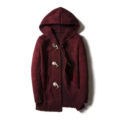 Warm men's hooded cardigan sweater, designed for winter comfort & stylish layering. Oversized hood.
