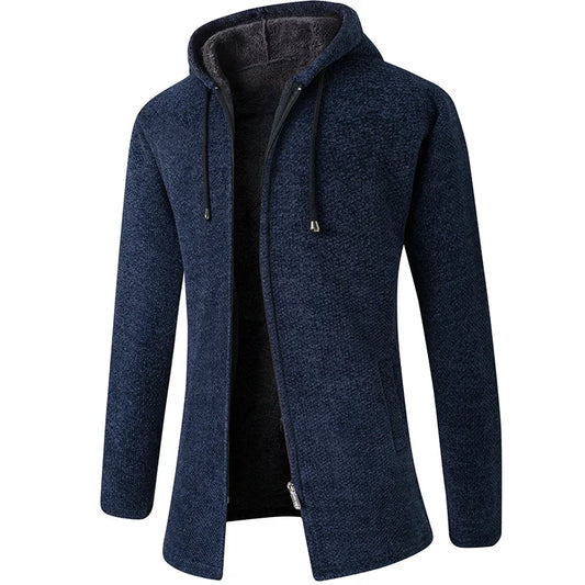 Men's warm hooded zip-up jacket, cozy fabric. Perfect for fall & winter casual comfort & layering.