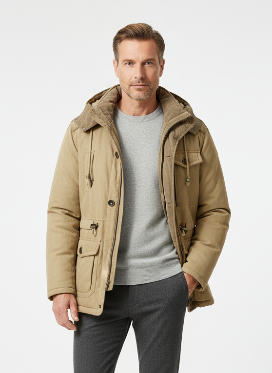 Men's warm insulated parka jacket for extreme cold weather protection, perfect for outdoor winter activities.