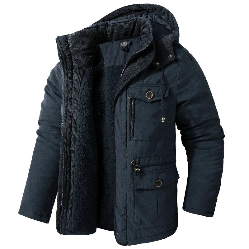 Durable men's winter parka with hood, ideal for outdoor adventures, providing essential warmth & weather resistance.