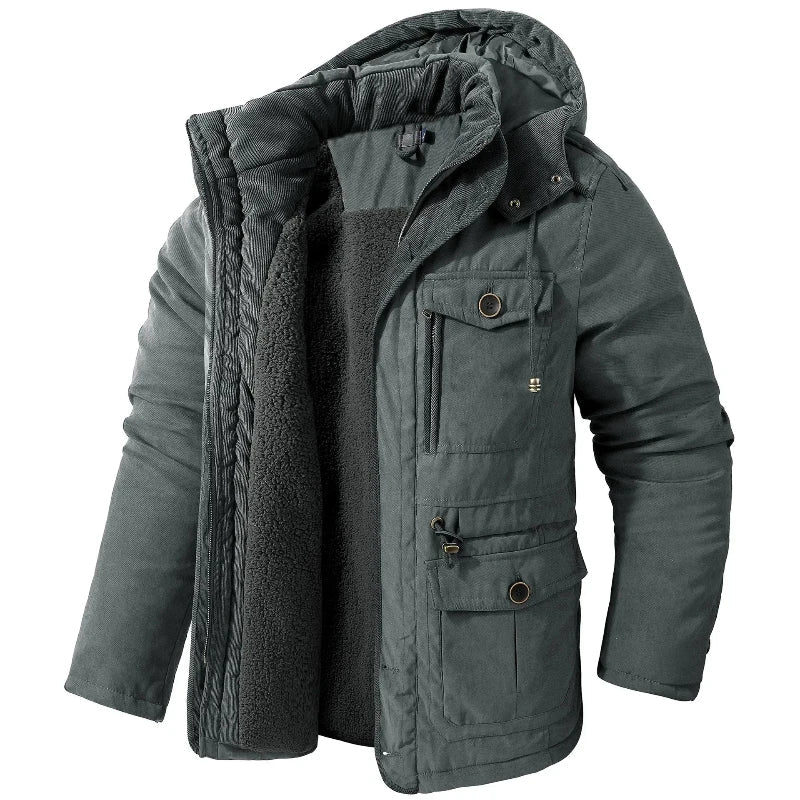 New men's insulated parka, a heavy-duty winter jacket built for warmth & defense against severe cold.