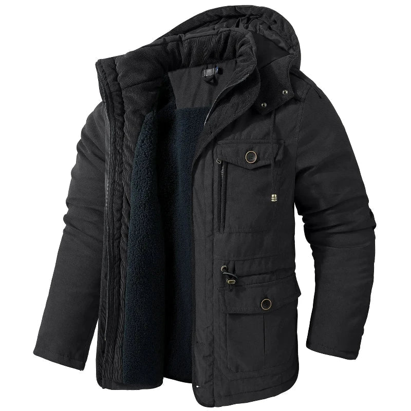 Rugged men's insulated parka jacket in a sleek design, ensuring warmth and comfort for cold weather outerwear.
