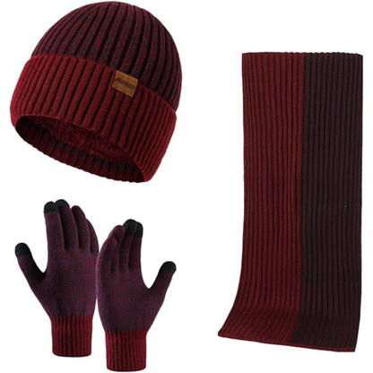 Men's warm knit beanie, scarf & touchscreen gloves set. Ideal for cold winter weather.