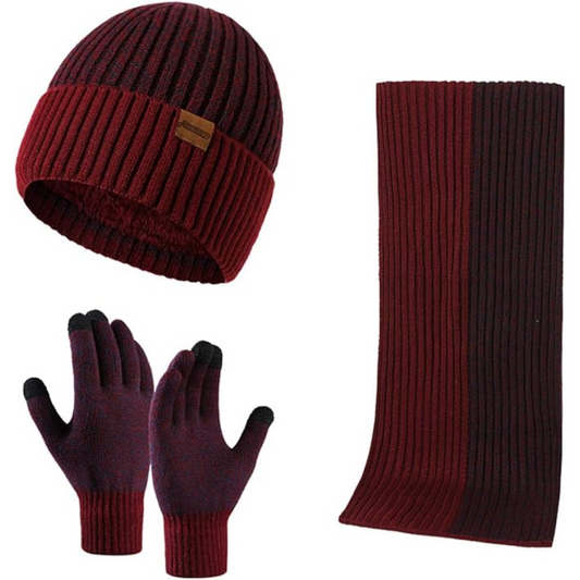 Men's warm knit beanie, scarf & touchscreen gloves set. Ideal for cold winter weather.