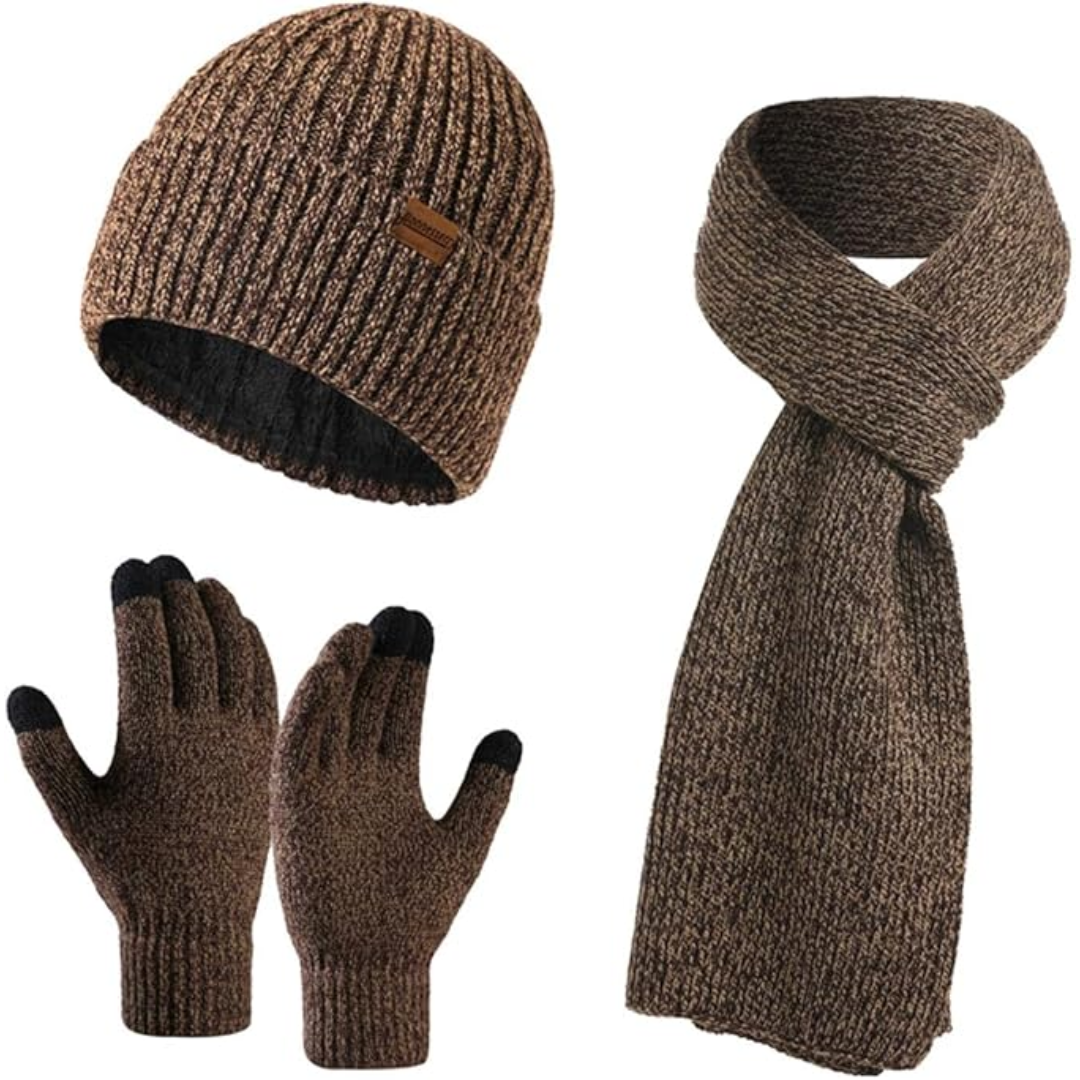 Premium men's warm beanie, cozy knit scarf & practical touchscreen gloves for winter.
