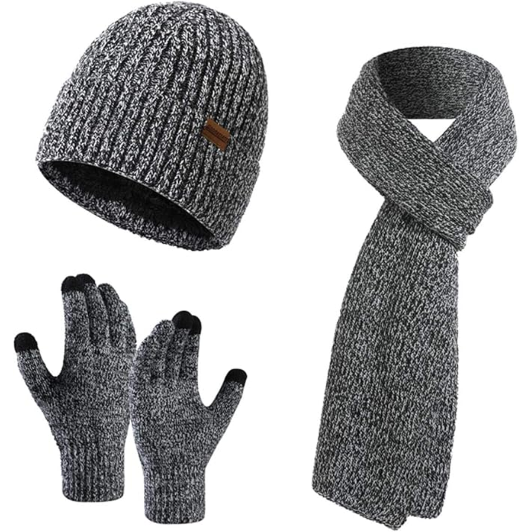 Men's complete winter protection set: Victor knit beanie, scarf & gloves.