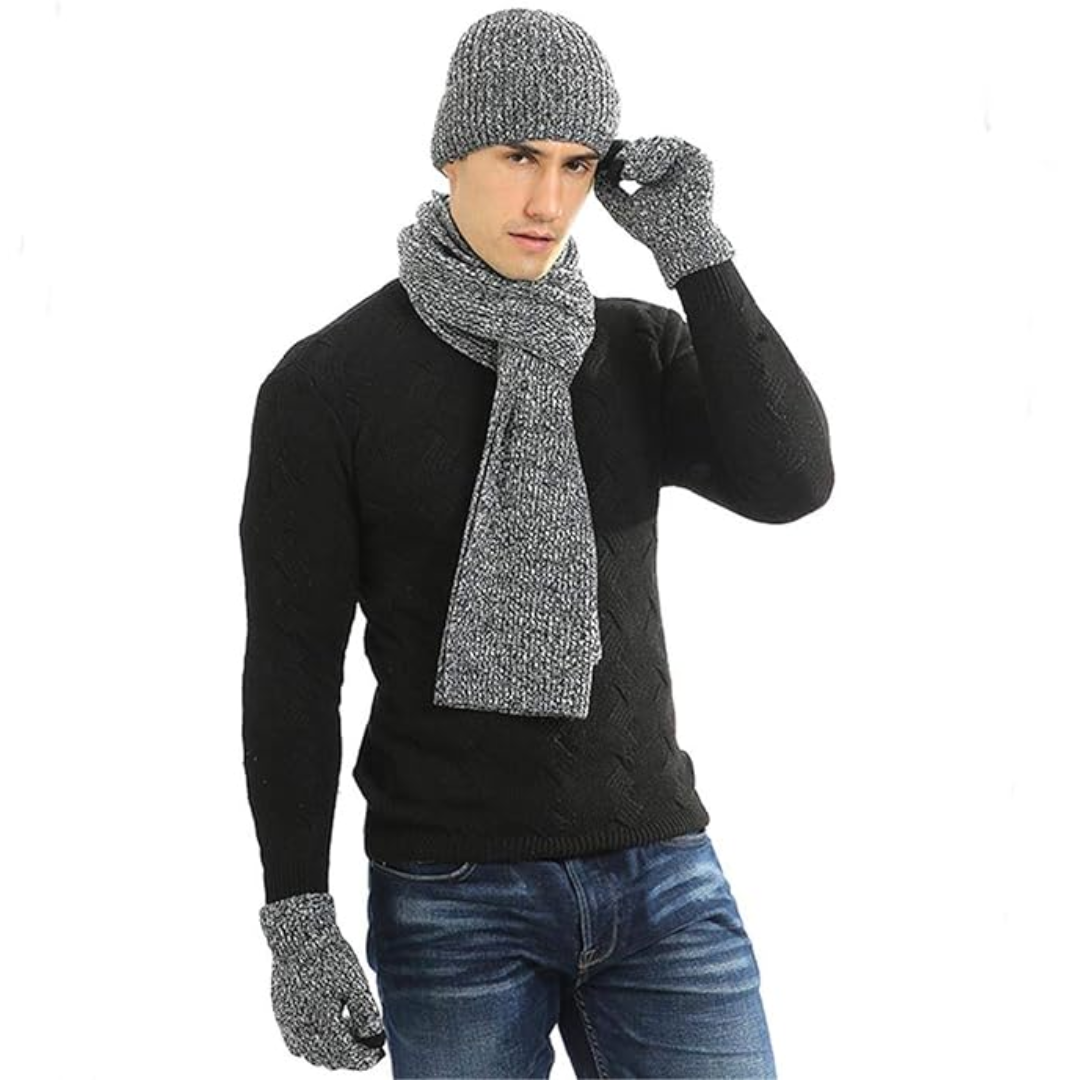 Warm men's beanie, extra long knit scarf & touchscreen gloves. Great for outdoor use.
