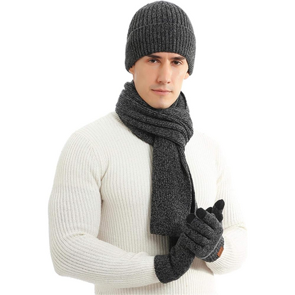 Victor men's versatile winter set: beanie, scarf & gloves. Stay comfortable & connected.