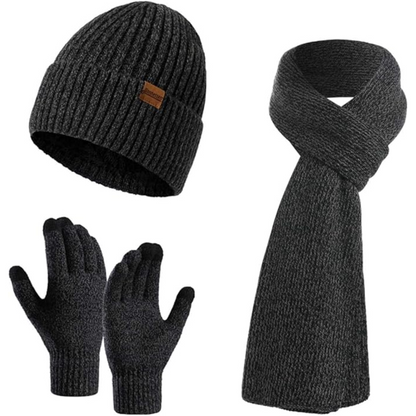 Men's ultimate warmth knit beanie, scarf & touchscreen gloves for extreme cold.