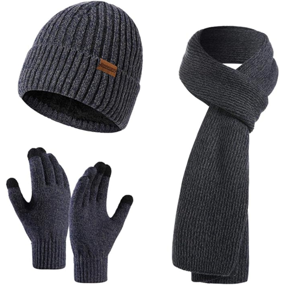 Fashionable men's winter accessory trio: knit beanie, scarf & touchscreen gloves.