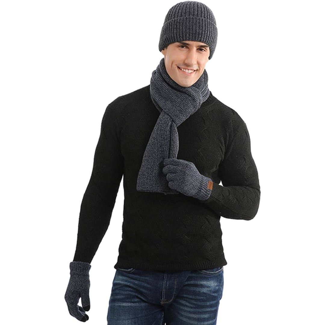 Men's Victor knit beanie, matching scarf & gloves. Perfect gift for winter season.