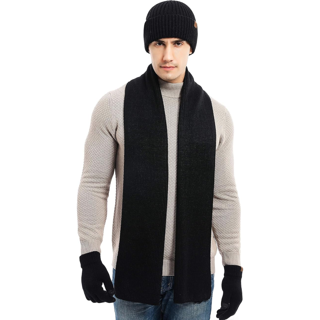 Cozy men's winter set with knit beanie, soft scarf & touchscreen compatible gloves.