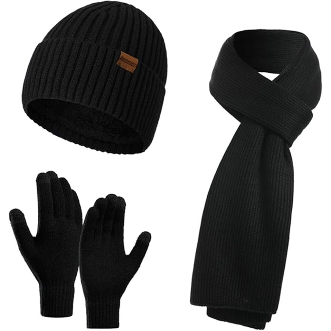 Men's essential cold weather gear: Victor knit beanie, warm scarf & touchscreen gloves.