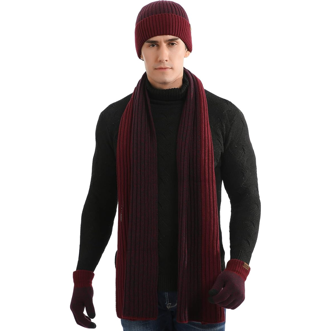 Victor men's winter accessory set: knit beanie, scarf & touchscreen gloves for warmth.