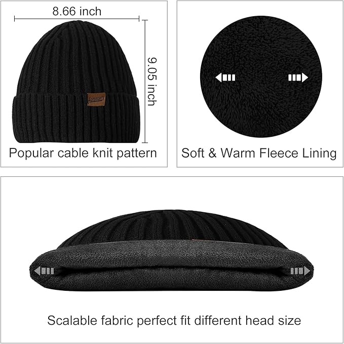 Men's stylish knit beanie, cozy scarf & touchscreen gloves for a complete winter look.